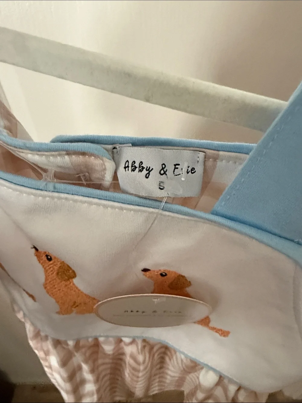 Girls Light Blue & Tan Check Dog Embroidered Matching Set